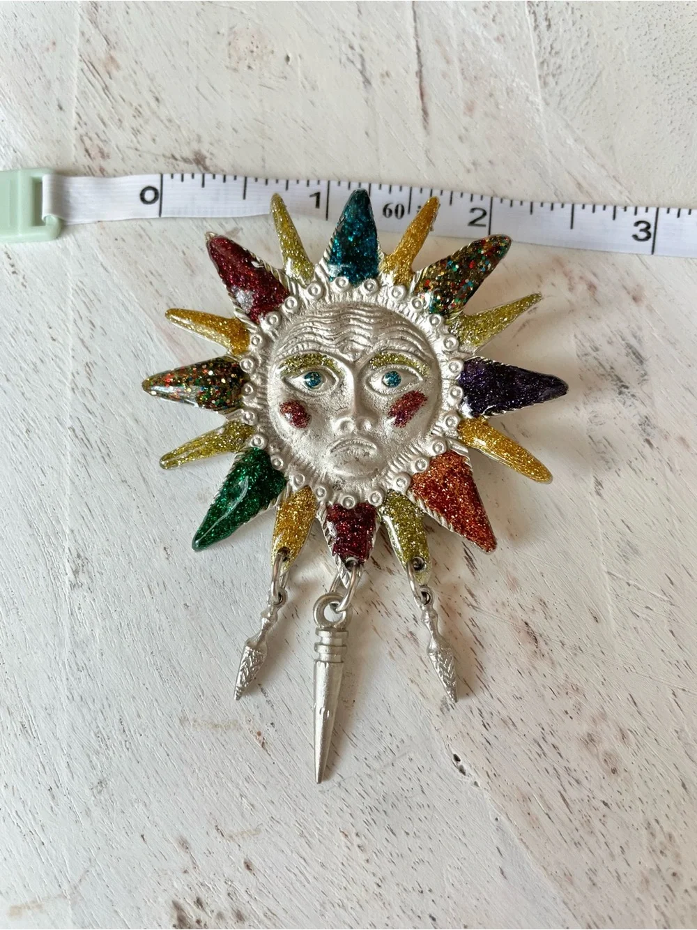 Vintage Silver-Tone Celestial Glitter Sun Face Brooch